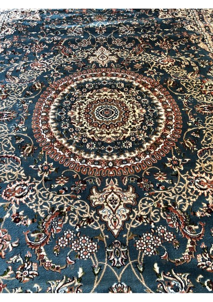 Asaryün Halı Ipek H4095M Mavi Krem Ipeksi Geleneksel Renkli Göbekli Klasik Desen Salon Halısı Modern modelleri