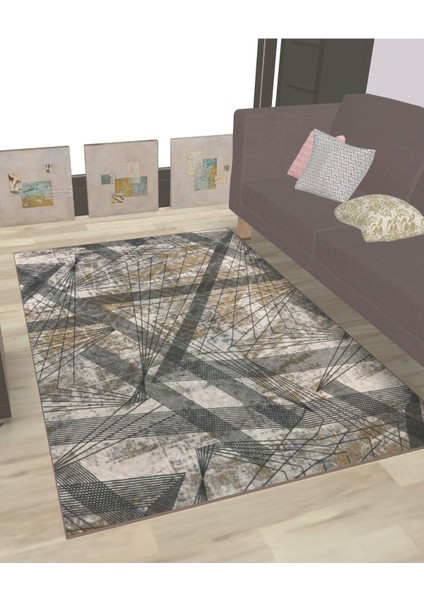 Kabartmalı Keçeli Jel Kaymaz Taban Yıkanabilir Yumuşak Halı Üst Kalite Kahve Gri Çizgili