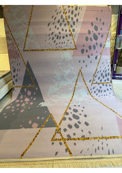 Dekoratif Yıkanabilir Halı Yeni Nesil Kaymaz Taban Salon Halısı Modern Pembe Geometrik Desenli