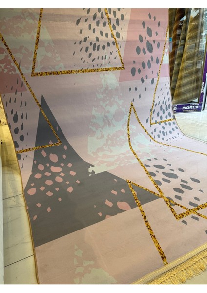Dekoratif Yıkanabilir Halı Yeni Nesil Kaymaz Taban Salon Halısı Modern Pembe Geometrik Desenli