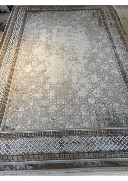 Nadide 1035 Vizon Modern Çerçeve Göbekli Desen Avangard Akrilik Salon Halısı Üst Kalite