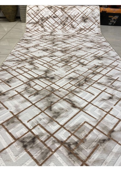 Kabartmalı Halı Dokusunda Jel Kaymaz Taban Yıkanabilir Yumuşak Kesme Yolluk Üst Kalite Kahve Çizgili