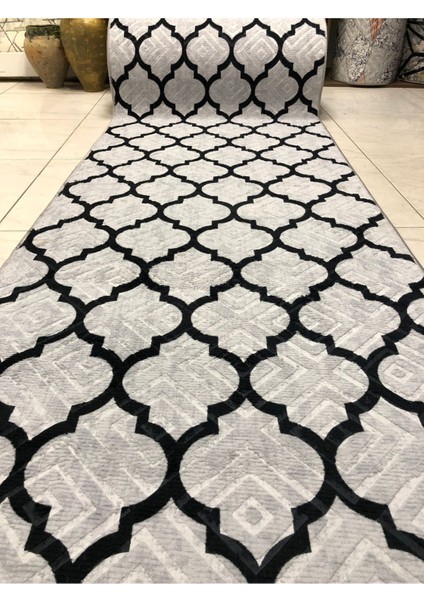 Kabartmalı Halı Dokusunda Jel Kaymaz Taban Yıkanabilir Kesme Yolluk Üst Kalite Siyah Beyaz Gri Desen