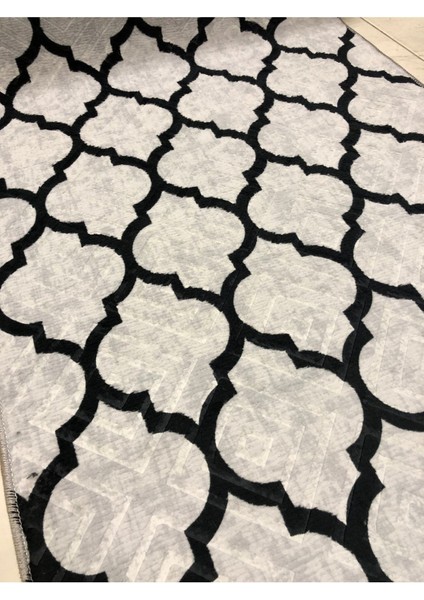 Kabartmalı Halı Dokusunda Jel Kaymaz Taban Yıkanabilir Kesme Yolluk Üst Kalite Siyah Beyaz Gri Desen