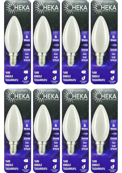 (8 Adet) Heka 6W (51W) 3000K (Günışığı) E14 Duylu (Ince Duy) Soft Mum Ampul