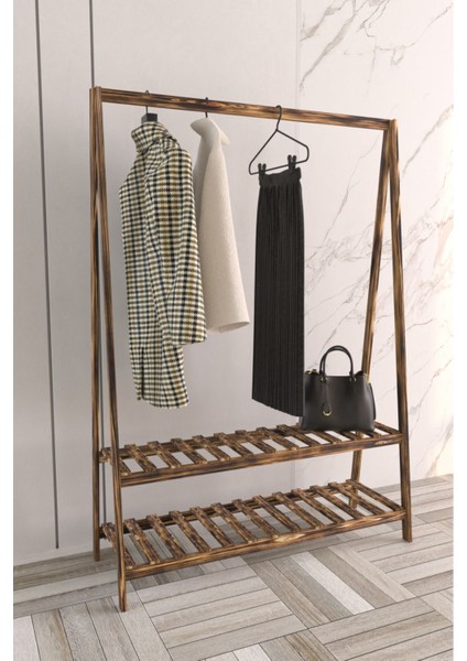 2 Raflı Eskitme Ahşap Konfeksiyon Elbise Askılık Vestiyer 148 x 106 cm