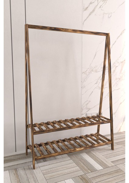 2 Raflı Eskitme Ahşap Konfeksiyon Elbise Askılık Vestiyer 148 x 106 cm