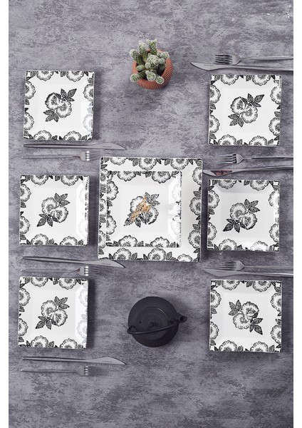 İkram Seti Black Rose Seramik Çift Katlı Sunum Tabağı & 6’lı Tatlı Pasta Tabağı Kurabiyelik İkramlık modelleri