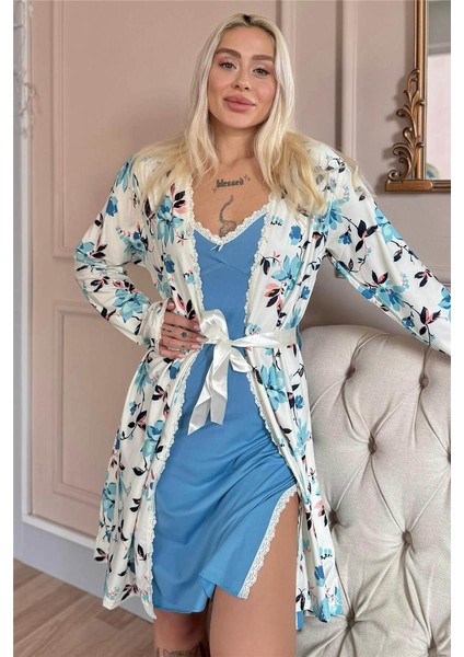 Turkuaz Soft Breeze Exclusive Örme Sabahlıklı Gecelik Kadın Pijama Takımı