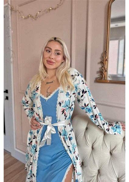 Turkuaz Soft Breeze Exclusive Örme Sabahlıklı Gecelik Kadın Pijama Takımı