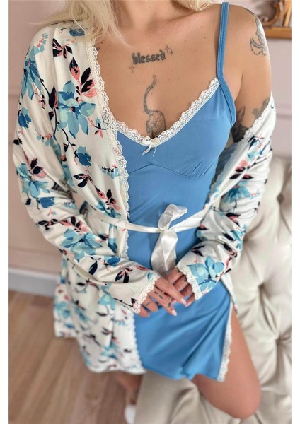 Turkuaz Soft Breeze Exclusive Örme Sabahlıklı Gecelik Kadın Pijama Takımı