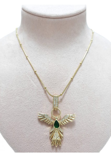 Çelik Kolye Yeşil Zirkon Taşlı Anka Kuşu Figür Charm Dorika Zincir 40 cm Ayarlanabilir Altın Sarısı
