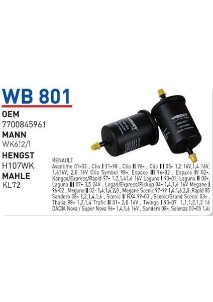 Wb801 Oem 7700845961 Renault Clio Megane Yakıt Filtre Benzin