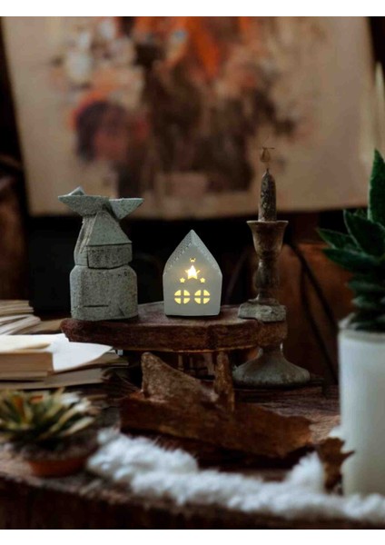 Beyaz Minimal Yıldızlı Tealight Mumluk Ev, Tekli