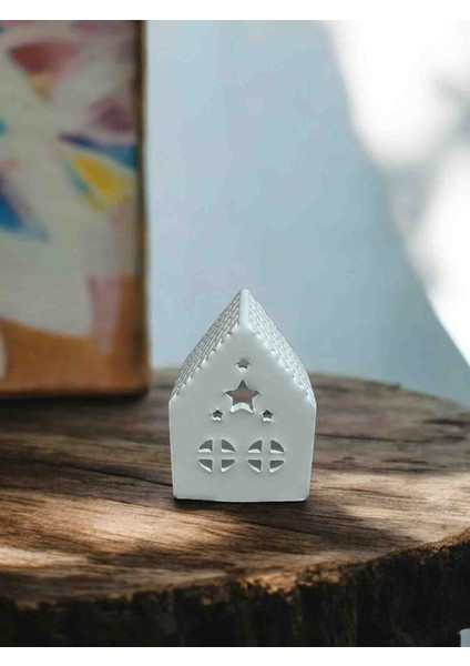 Beyaz Minimal Yıldızlı Tealight Mumluk Ev, Tekli