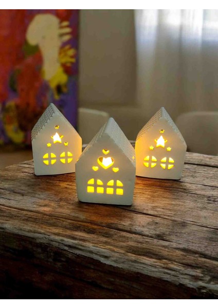Beyaz Minimal Yıldızlı Tealight Mumluk Ev, Tekli