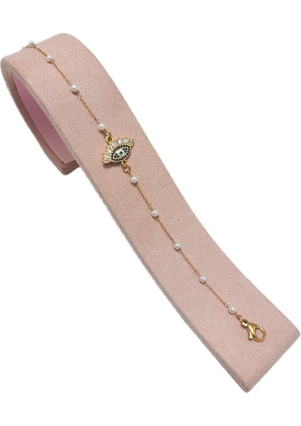 Çelik Bileklik Incili Zincirli Nazar Boncuklu Zirkon Taşlı 1 mm 18 cm Altın Sarısı (Gold)