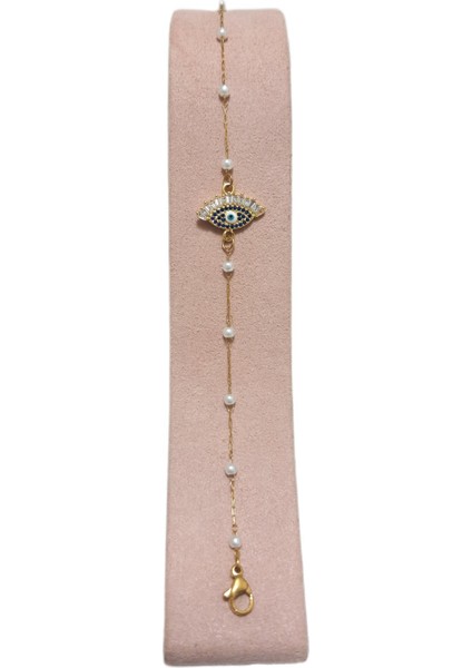 Çelik Bileklik Incili Zincirli Nazar Boncuklu Zirkon Taşlı 1 mm 18 cm Altın Sarısı (Gold) fiyatları