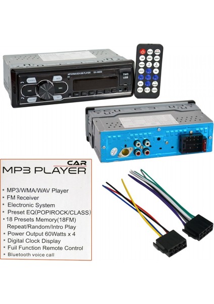 Oto Teyp Mp3 Çalar (Bluetooth+2 Usb+Sd) Kırmızı Işıklı 60WX4 SX-8800 BR2749951 modelleri