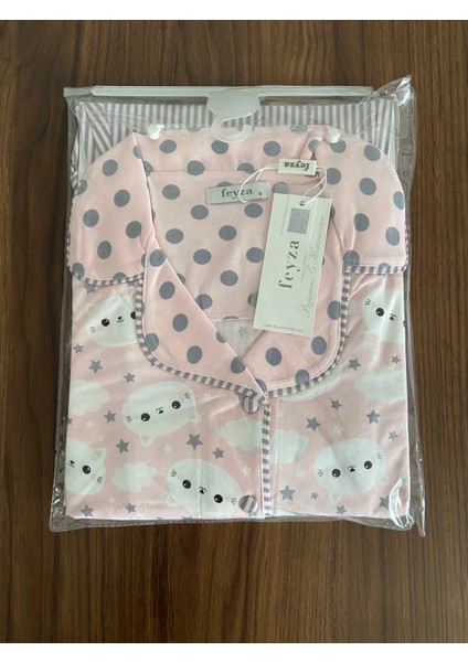 Zi Pembe Desenli Önden Düğmeli Gömlek Yaka Kısa Kol Pijama Takımı