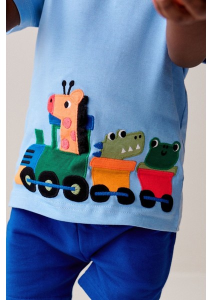 Pamuklu Mavi Tren Desenli Kısa Kollu Şortlu Alt Üst Takım