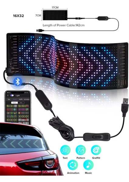 16X32 Matrix Esnek LED Ekran Telefon Kontrollü Cama Yapışan Araba Ev Dükkan Ofis Bluetooth Tabela