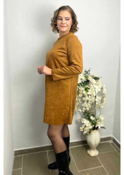 Kadın Taba Dağınk Taş Detaylı Nubuk Elbise