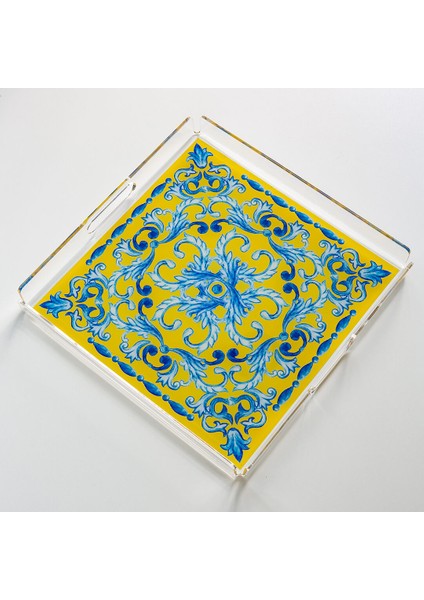 Barok Sarı Desenli Pleksi Çay Kahve Sunum Servis Tepsisi Akrilik 25CMX25CM