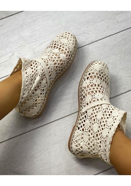 9200 Model Bereket Kundura Bej Renk Kısa Dantel Espadril Bot Babet
