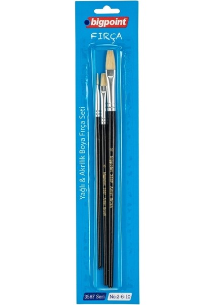 | 358F Serisi Düz Kesik Fırça Seti, 3'lü, No: 2, 6, 10, %100 Doğal Beyaz Bristle Kıl