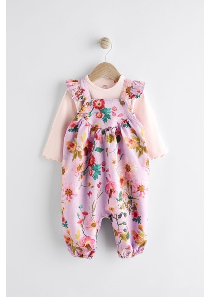 Pamuklu Mor Çiçek Desenli Salopet Body Zıbın 2’li Set