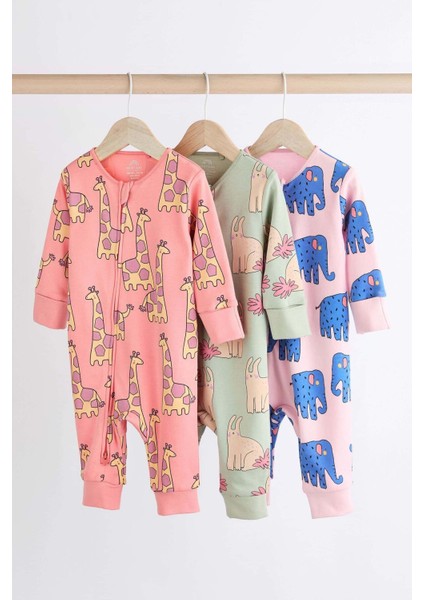 % 100 Pamuklu Pembe Hayvan Desenli 3’lü Tulum Set