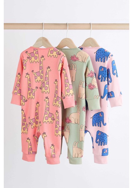 % 100 Pamuklu Pembe Hayvan Desenli 3’lü Tulum Set