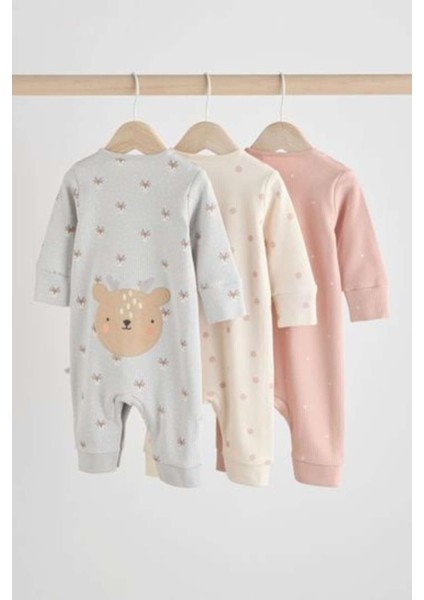 % 100 Pamuklu Gri Pembe Hayvan Desenli 3'lü Tulum Set