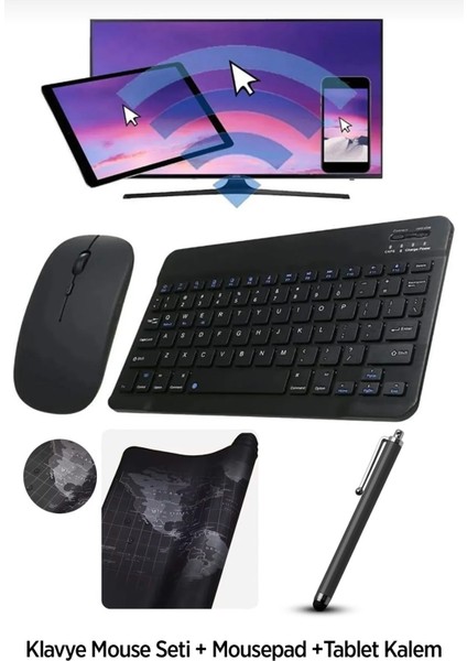 Tüm Cihazlara Uyumlu Kablosuz Bluetooth Klavye+Mouse Set+Mousepad+Tablet Kalemi