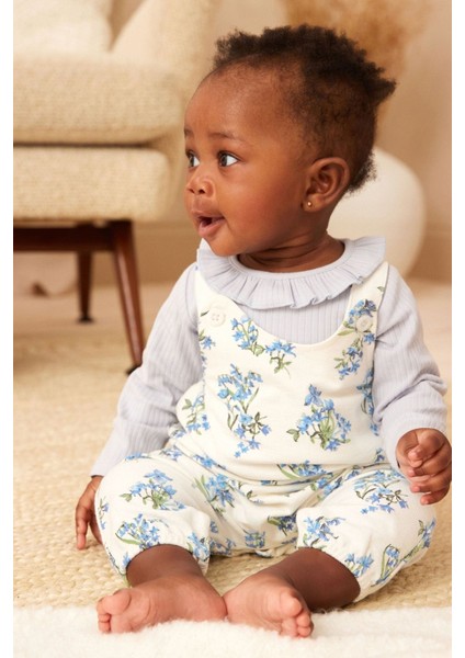 % 100 Pamuklu Mavi Çiçek Desenli Salopet Body Zıbın Set