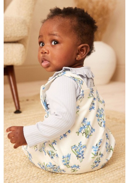 % 100 Pamuklu Mavi Çiçek Desenli Salopet Body Zıbın Set fiyatları