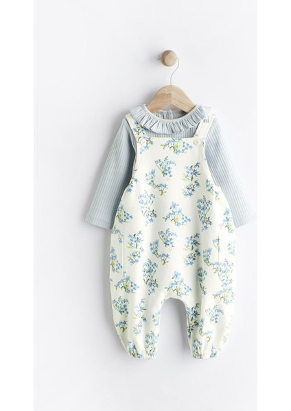 % 100 Pamuklu Mavi Çiçek Desenli Salopet Body Zıbın Set modelleri