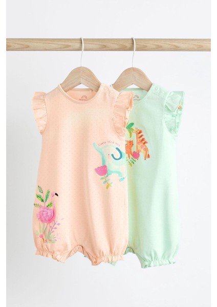 % 100 Pamuklu Pastel Pembe Animal Baskı Romper 2’li Set