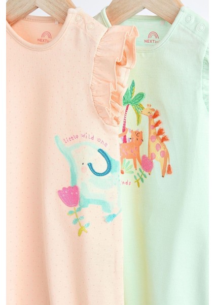 % 100 Pamuklu Pastel Pembe Animal Baskı Romper 2’li Set