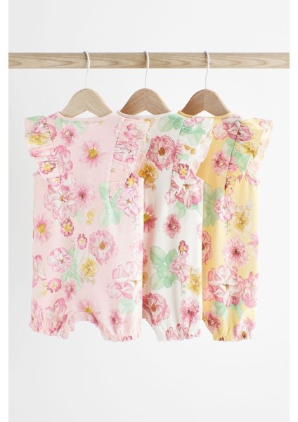 % 100 Pamuklu Pembe Sarı Gül Desenli 3’lü Romper Set
