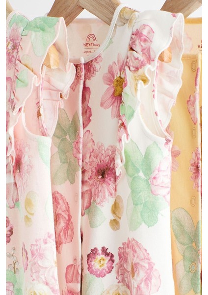 % 100 Pamuklu Pembe Sarı Gül Desenli 3’lü Romper Set modelleri