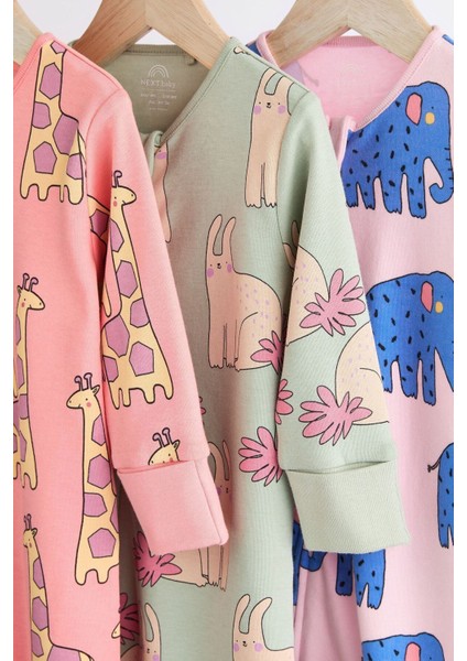 % 100 Pamuklu Pembe Hayvan Desenli 3’lü Tulum Set