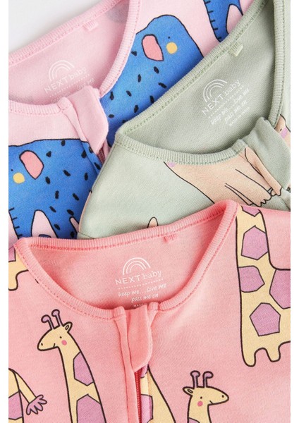 % 100 Pamuklu Pembe Hayvan Desenli 3’lü Tulum Set