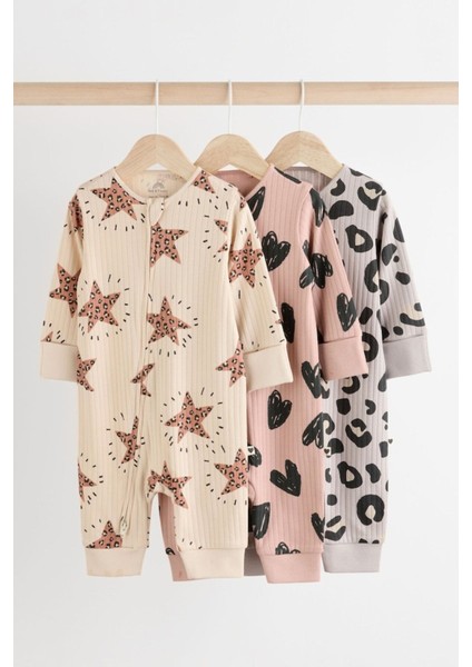 % 100 Pamuklu Krem Pembe Yıldız Desenli 3'lü Tulum Set