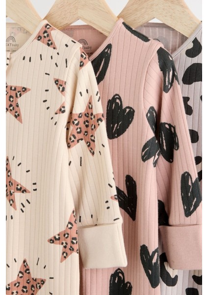 % 100 Pamuklu Krem Pembe Yıldız Desenli 3'lü Tulum Set modelleri