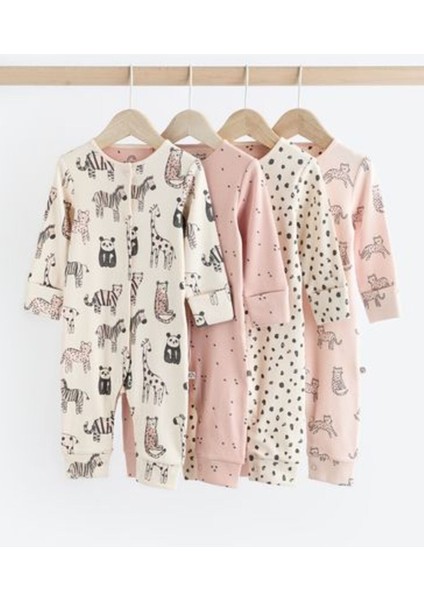 %100 Pamuklu Krem Hayvan Desenli 4'lü Tulum Set