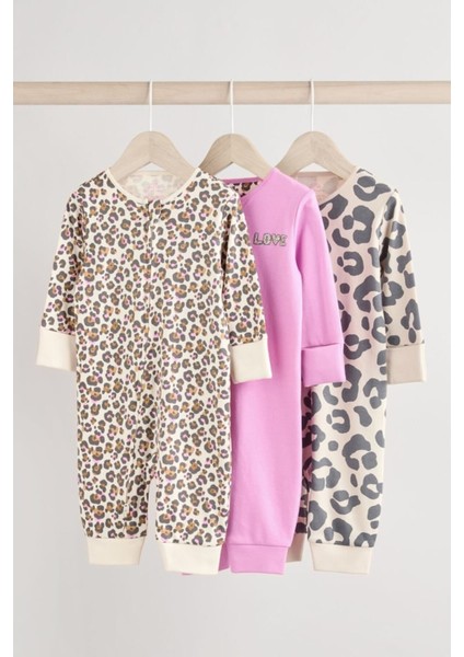 % 100 Pamuklu Pembe Leopar Desenli 3'lü Tulum Set