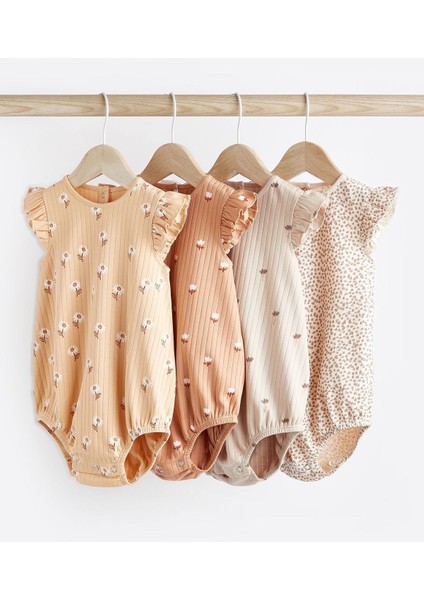 Pamuklu Beige Cream Floral 4’lü Romper Set