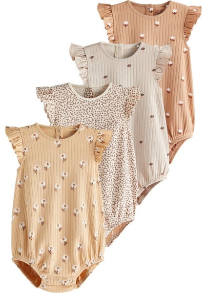 Pamuklu Beige Cream Floral 4’lü Romper Set